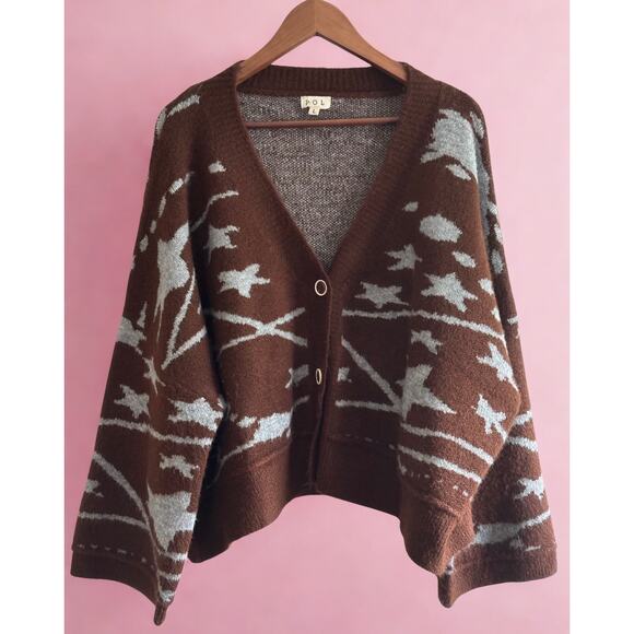 Pol Oversized Cropped Stars Cardigan | Brown | Women’s L | Cozy Fall Vibes - Picture 1 of 11